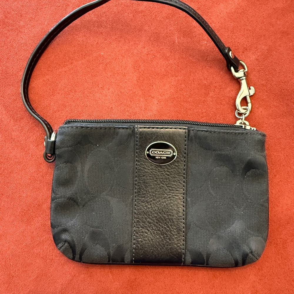 Coach Black Zip Wristlet in Signature Jacquard Canvas with Leather Stripe